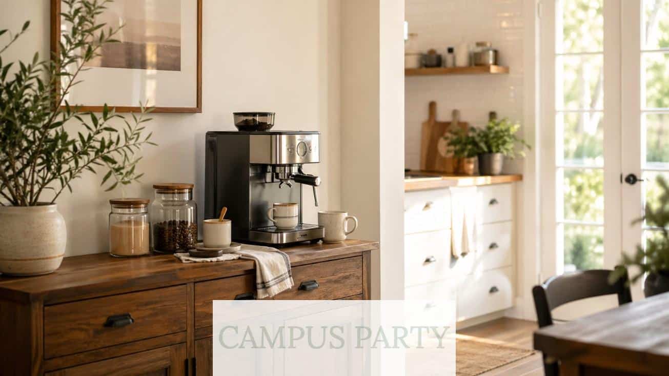 Rincón de café en casa con cafetera y tazas